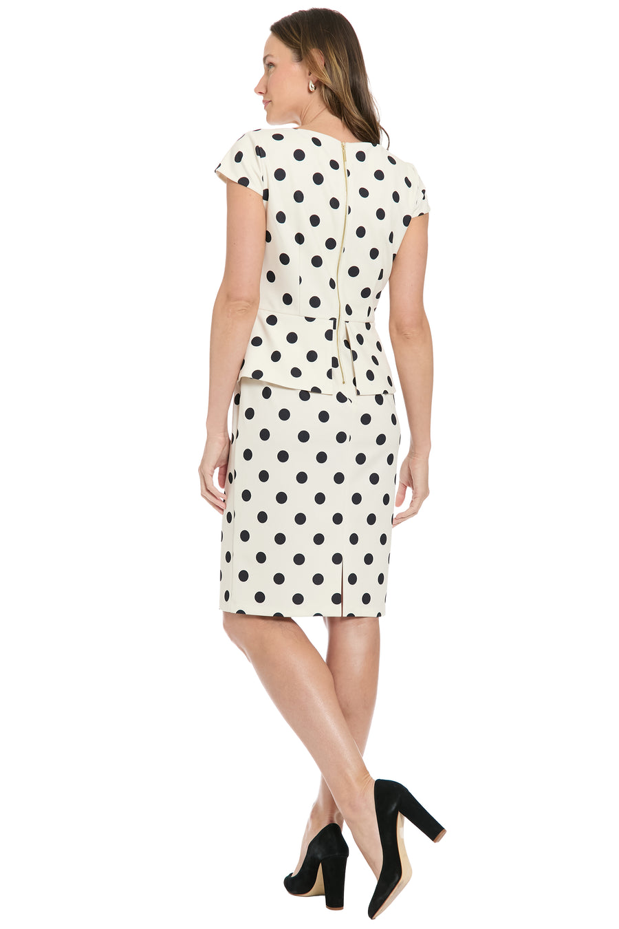 Nadya Cap Sleeve Peplum Sheath in Quarter Dots