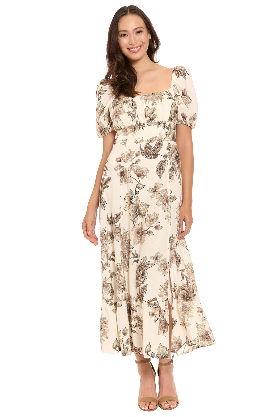 toile linen dress Loft Floral Toile Linen Cotton Seamed Midi Pocket Dress Size 0 Smokey Opal Women's