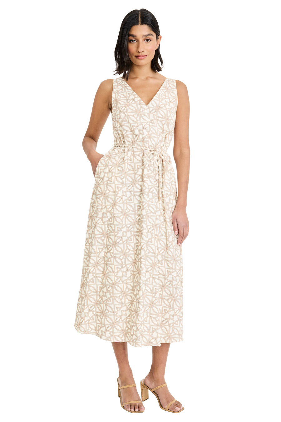 Maggy London Women's Sleeveless V-Neck Midi Dress - IVORY/BROWN - Size 16 Maggy London Women's Sleeveless V-Neck Midi Dress - IVORY/BROWN - Size 16