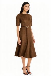 Elea Elbow Sleeve Midi Dress with Belt in Suede