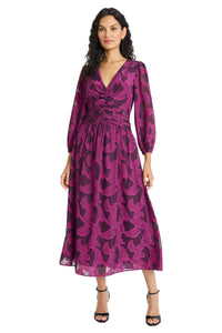 Juliana Ruched Waist V-neck Flocked Midi