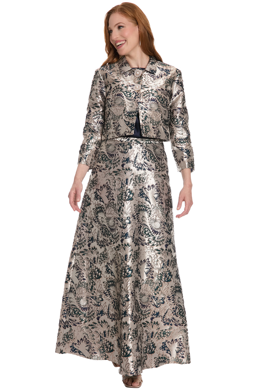 Mayfair Top Pearl Button in Retro Metallic Jacquard