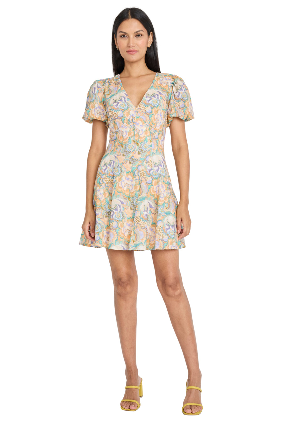 zara cocktail dresses Donna Morgan Puff Sleeve V-Neck Mini Dress, Womens, 6, Aqua/Gold