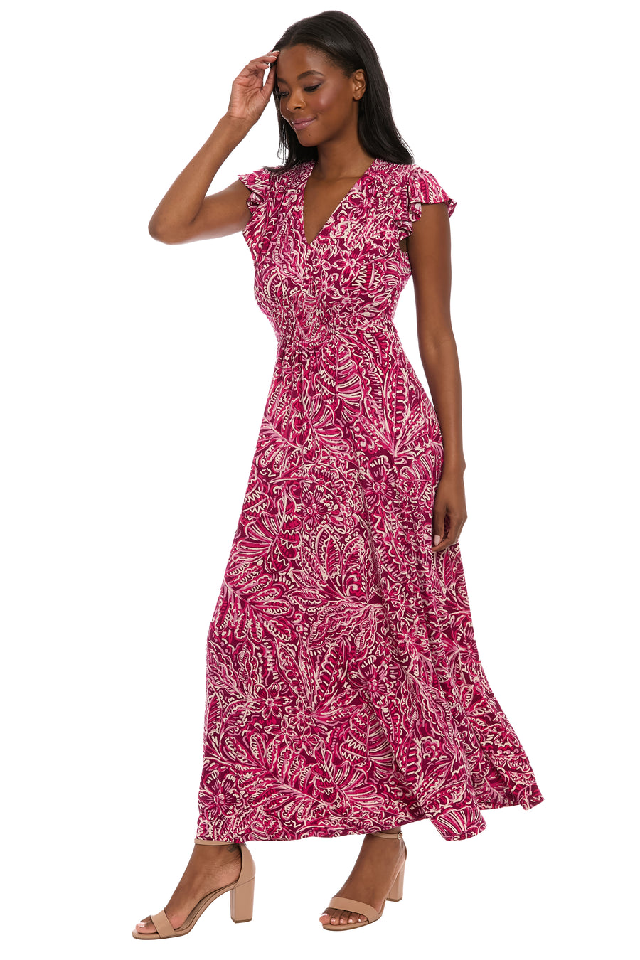 London Times Flutter Sleeve Smocked A-Line Maxi Dress in Plum/Pink at Nordstrom Rack, Size 16 London Times Flutter Sleeve Smocked A-Line Maxi Dress in Plum/Pink at Nordstrom Rack, Size 16