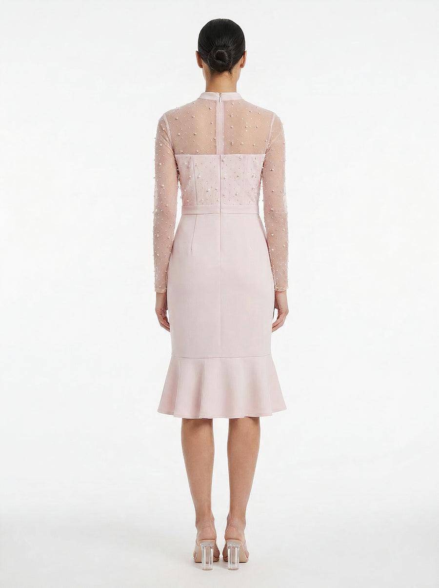 Laurenda Beaded Pearl Illusion Mesh Midi