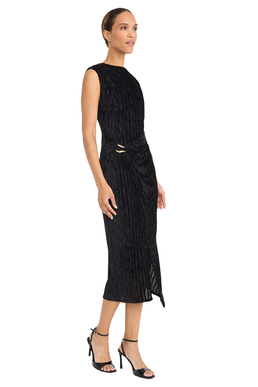 Isadora Velvet Drape Midi with Gold Accent Sheath | Maggy London Black / Standard / 6 Isadora Velvet Drape Midi with Gold Accent Sheath | Maggy London Black / Standard / 6