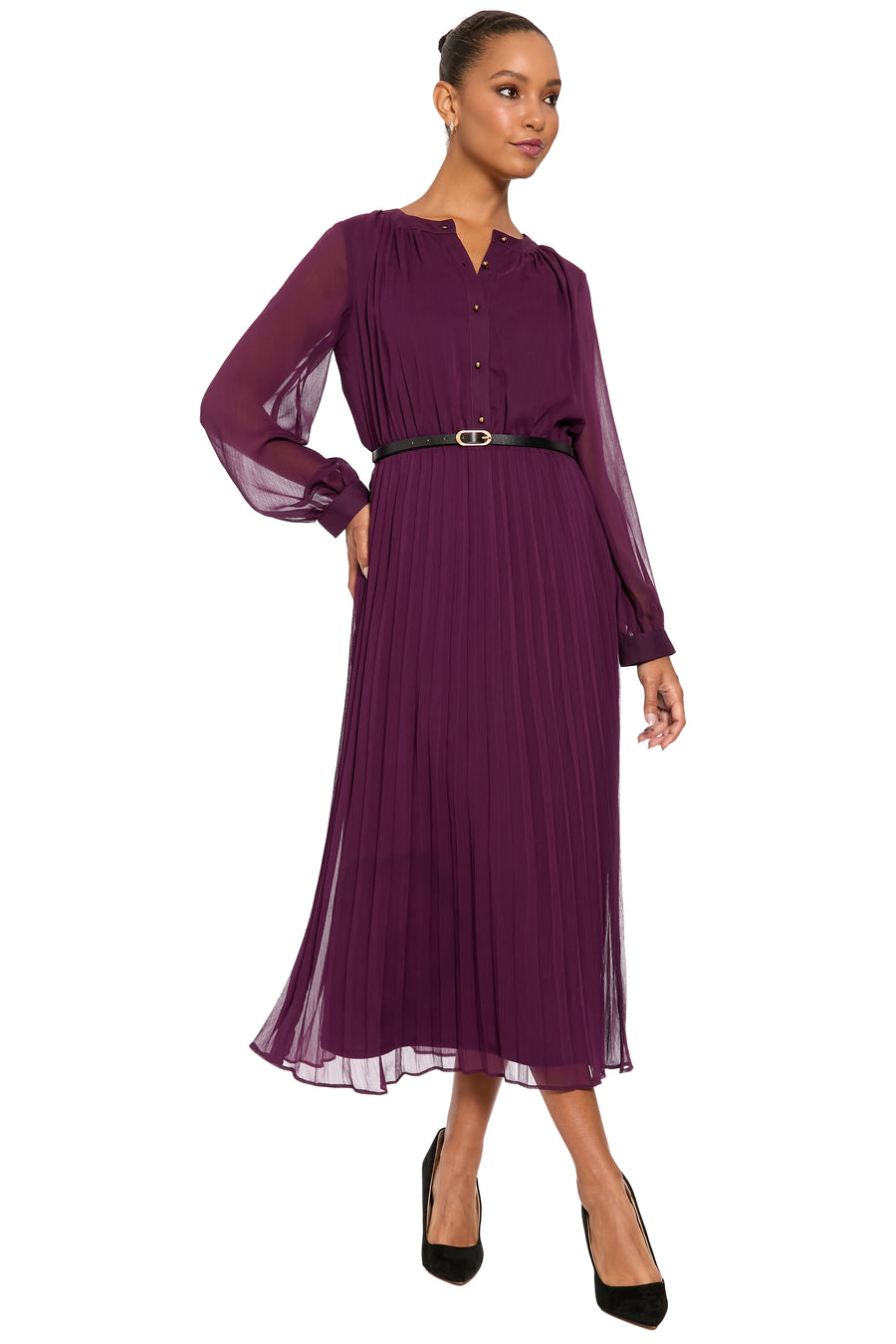 Tamsen Long Sleeve Chiffon Pleated Shirtdress