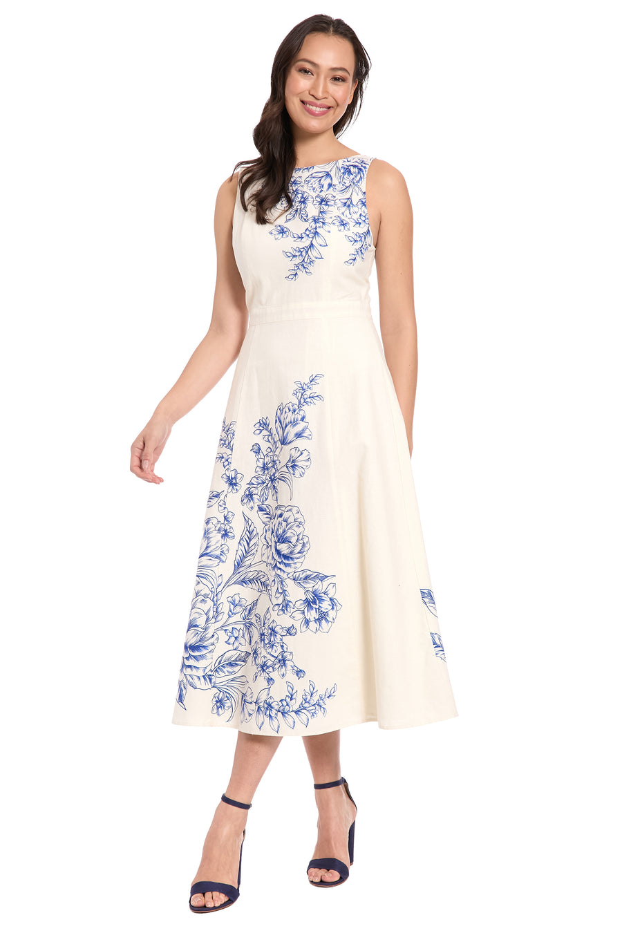 Debbie Sleeveless Graphic Print Linen Midi Dress A-Line | London Times CREAM/OLIVE GREEN / Petite / 8p Debbie Sleeveless Graphic Print Linen Midi Dress A-Line | London Times CREAM/OLIVE GREEN / Petite / 8p