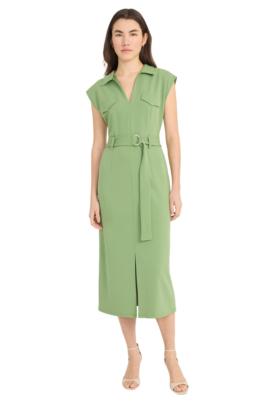 Donna Morgan Women's Belted Split-Neck Midi Dress - Green - Size 16 Donna Morgan Women's Belted Split-Neck Midi Dress - Green - Size 16