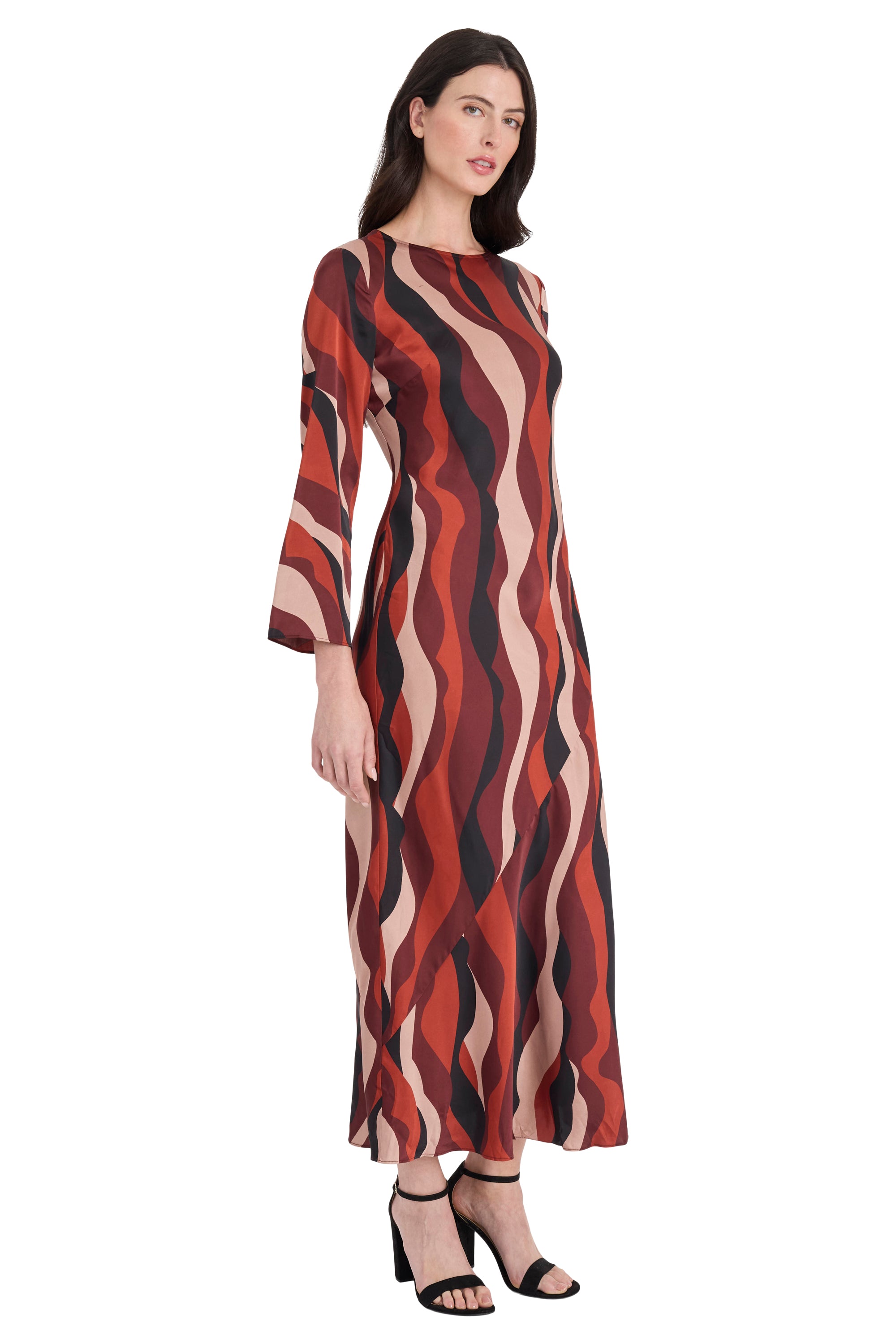 Moira Diagonal Wave Tie Back Midi Dress Long Sleeve
