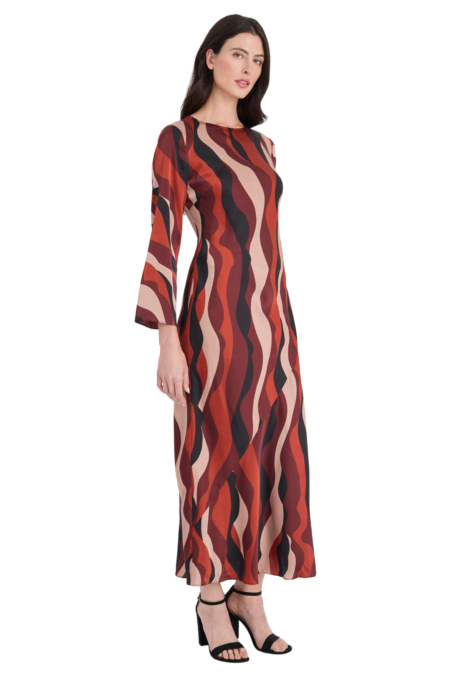Moira Diagonal Wave Tie Back Midi Dress Long Sleeve | Donna Morgan Latte/Chestnut / Standard / 8 Moira Diagonal Wave Tie Back Midi Dress Long Sleeve | Donna Morgan Latte/Chestnut / Standard / 8