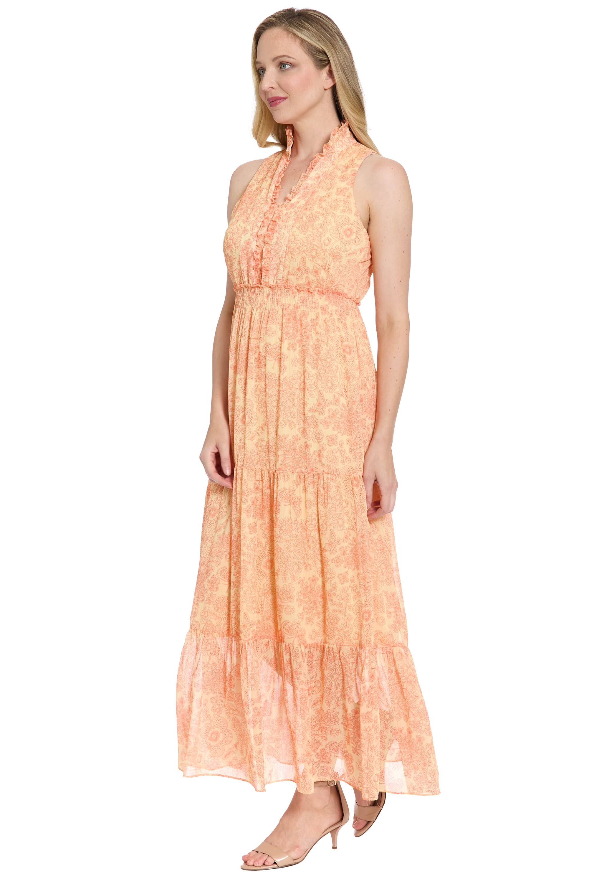 maggy london brooke ruffle neck maxi dress Smocked in Monotone Garden Botanic Size:Size-3XL Ruffled neck Sheath V Neck Cap
