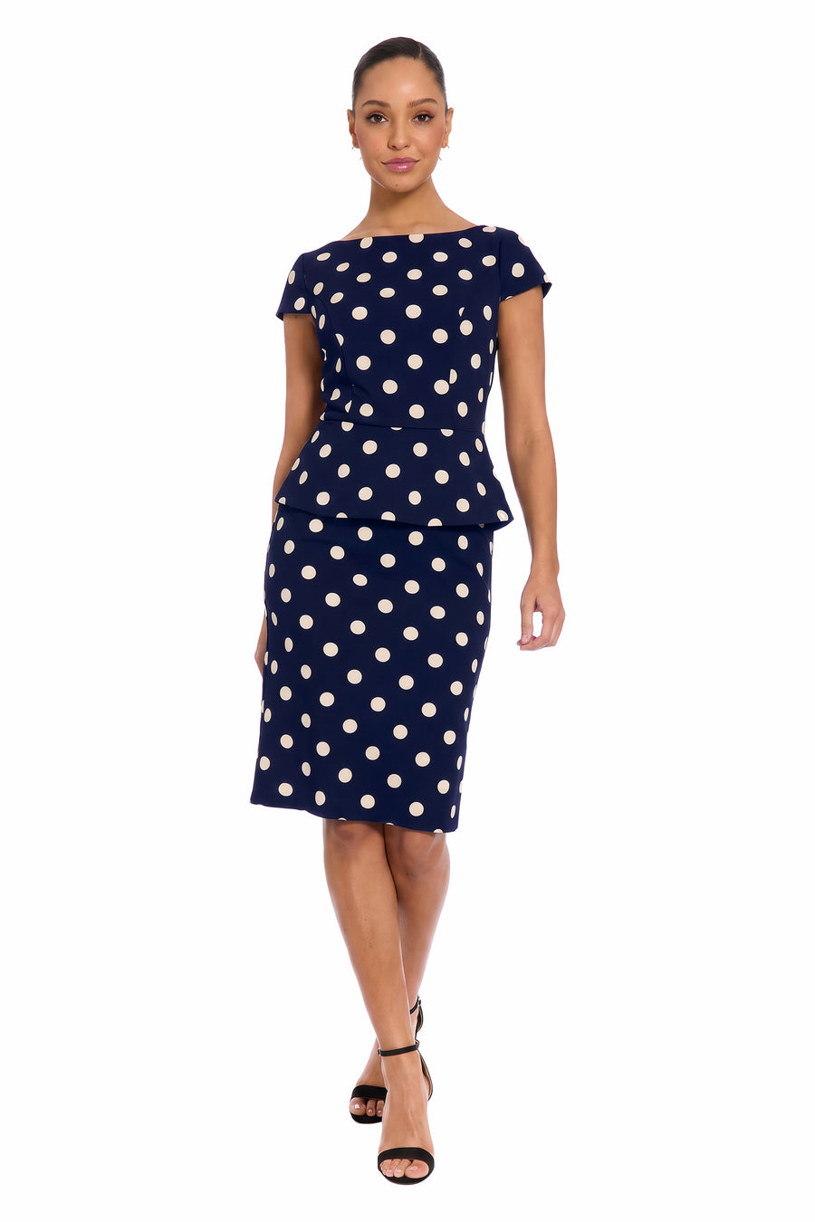 Nadya Cap Sleeve Peplum Sheath in Quarter Dots