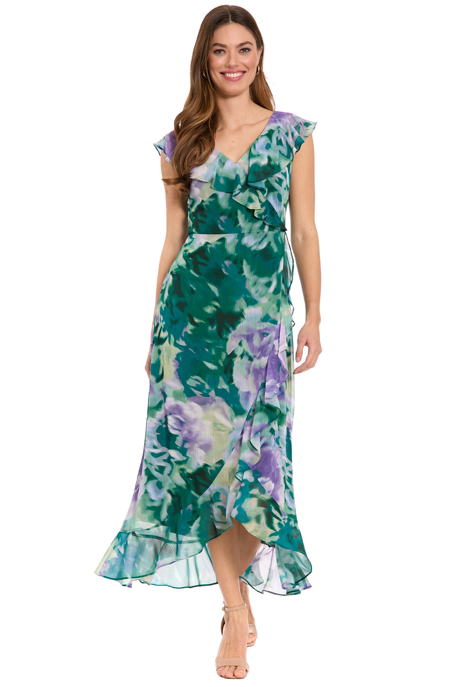 Alessandra Ruffle Faux Wrap Dress in Impressionist Flor | London Times Orchid/Teal / Standard / 2 Alessandra Ruffle Faux Wrap Dress in Impressionist Flor | London Times Orchid/Teal / Standard / 2