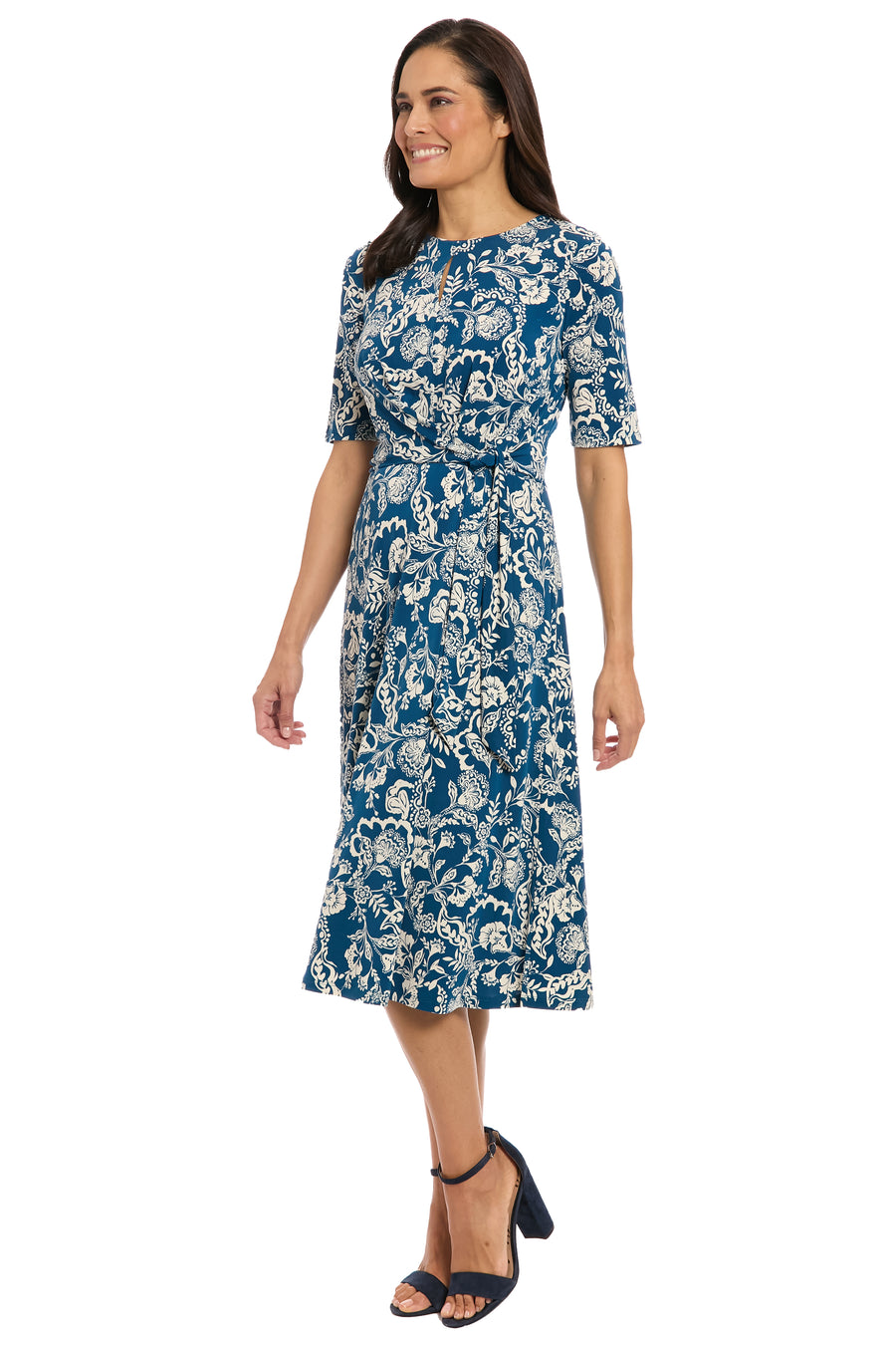 Women's London Times Elbow Sleeve Side Tie Fit & Flare Midi, Size: 14, NAVY White