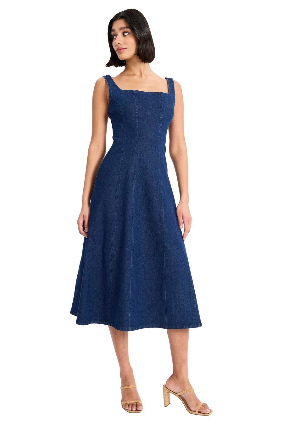 Arielle Cotton Stretch Square Neck Denim Midi