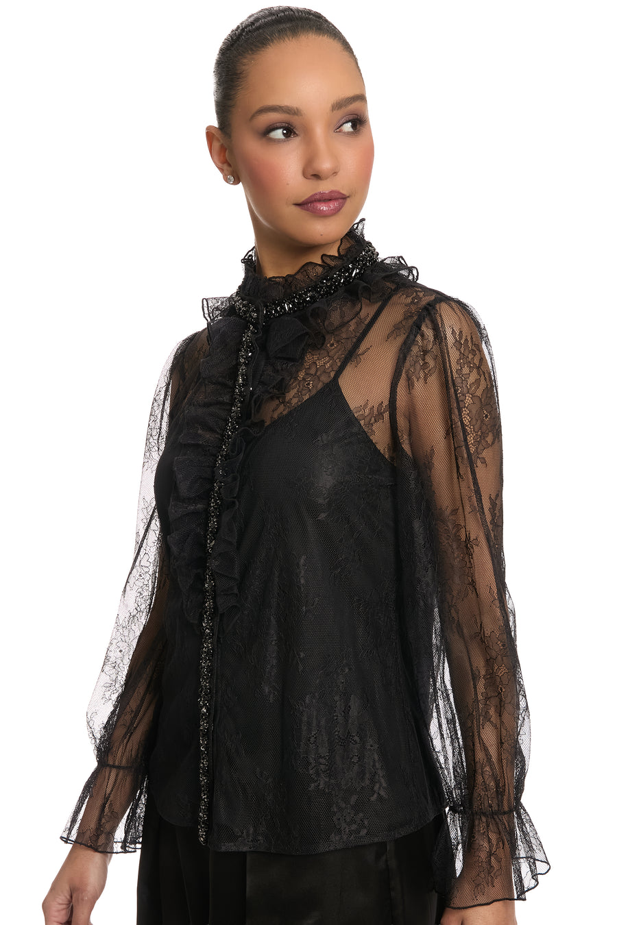 Monty Sheer Top Embellished Lace Ruffle
