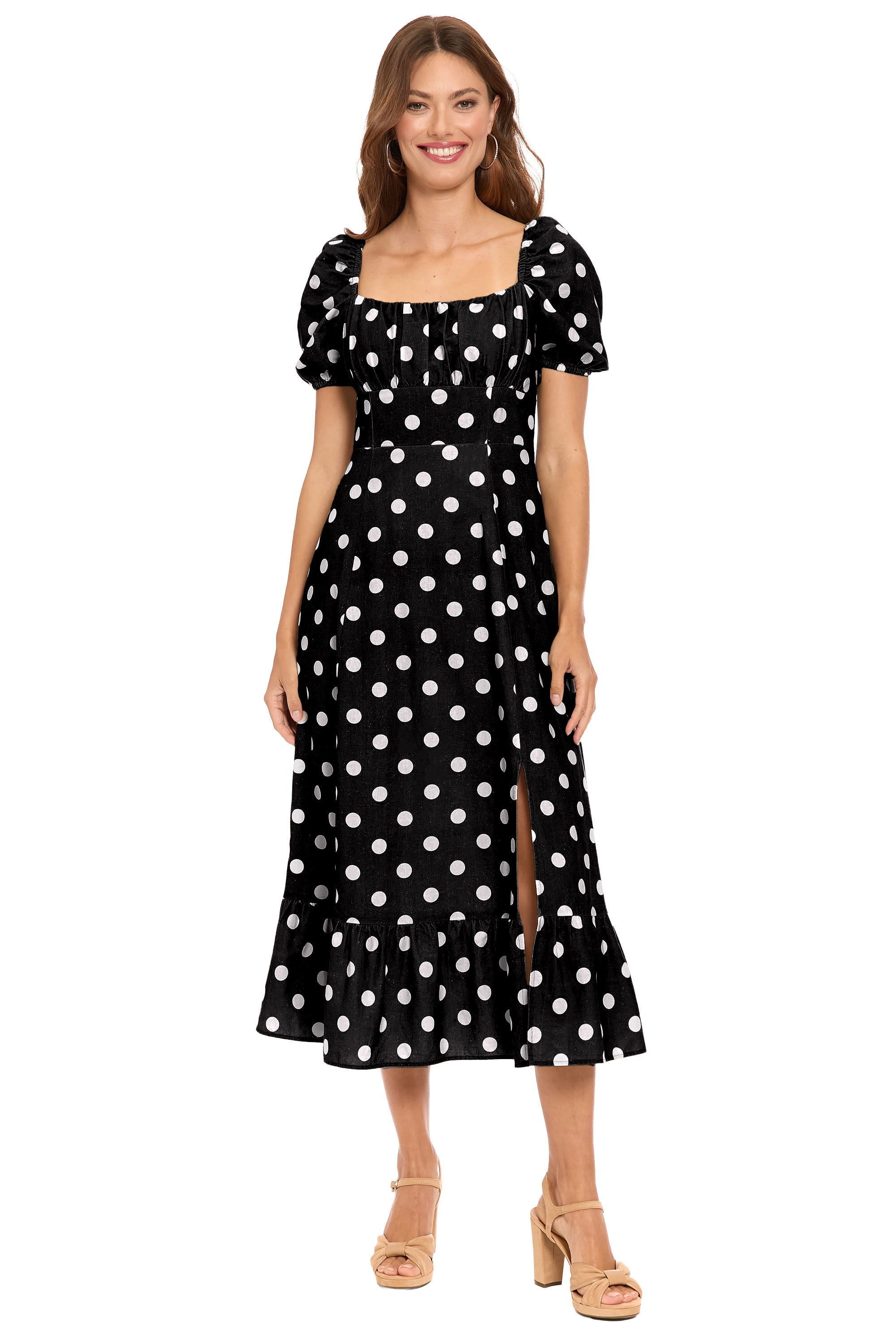 Kristin Puff Sleeve Midi in Quarter Dots A-Line | London Times