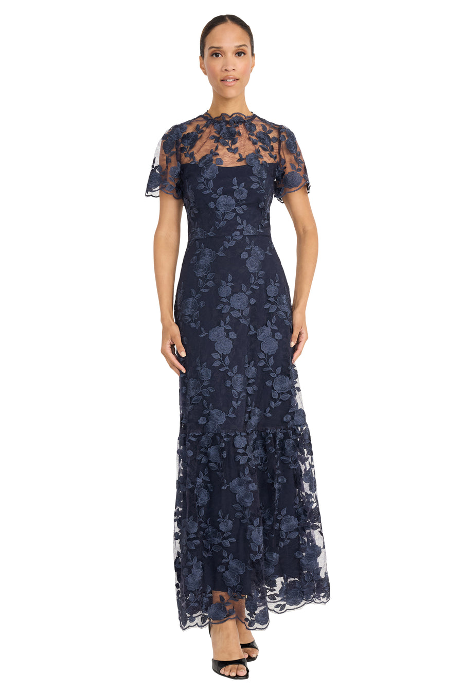 Adelheid Embroidered Lace Gown A-Line Short Sleeve Maxi | Maggy London Adelheid Embroidered Lace Gown A-Line Short Sleeve Maxi | Maggy London