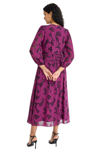 Juliana Ruched Waist V-neck Flocked Midi