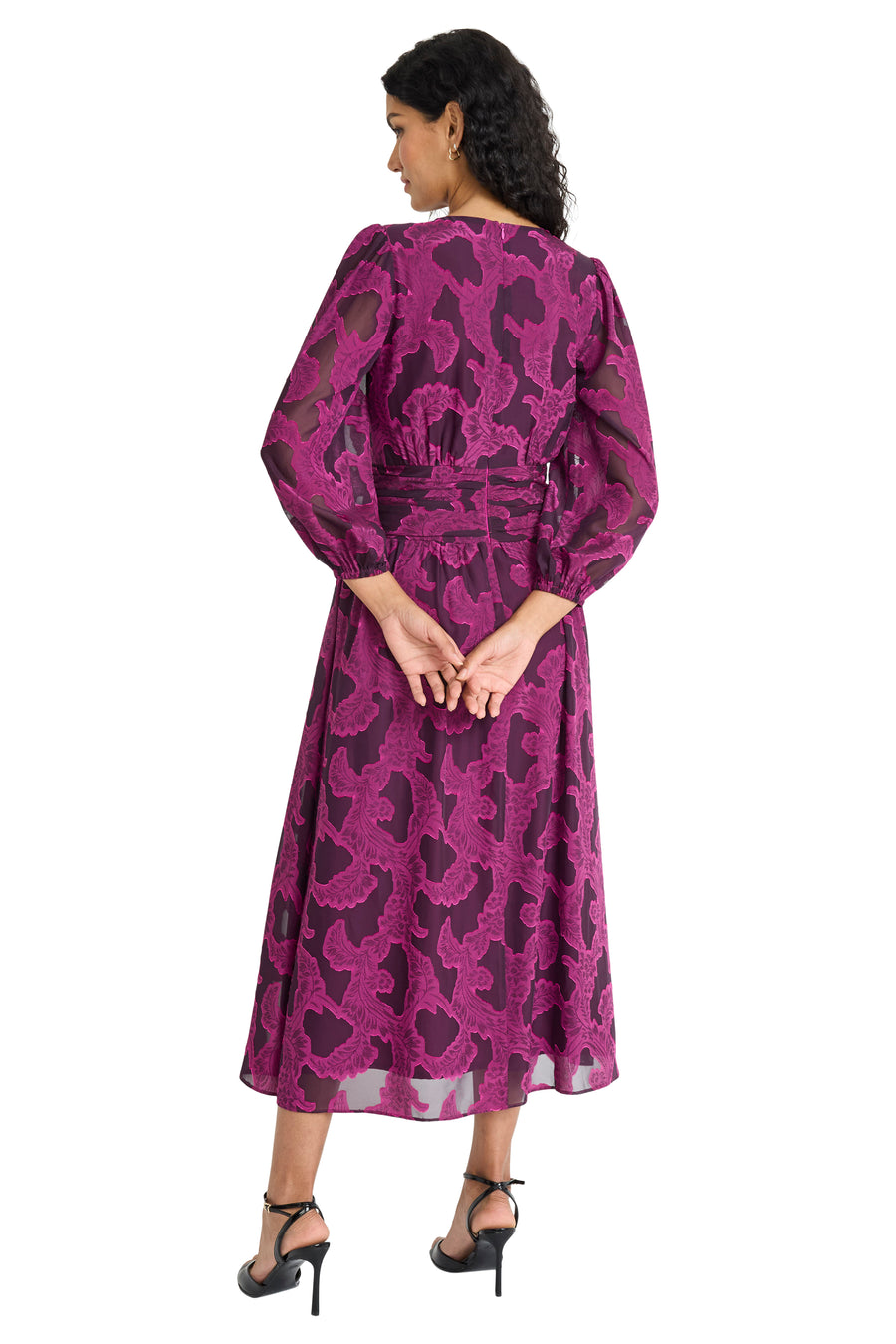 Juliana Ruched Waist V-neck Flocked Midi