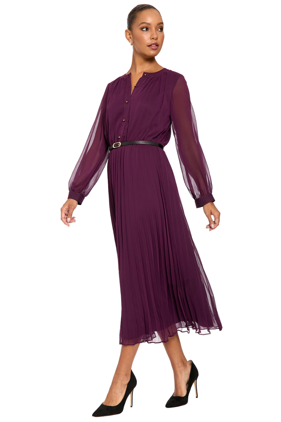 Tamsen Long Sleeve Chiffon Pleated Shirtdress