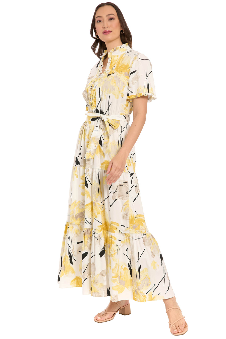 Amilia Flutter Sleeve Belted Tiered Maxi Dress | London Times Maggy London Amilia Flutter Sleeve Belted Tiered Maxi Dress | London Times Maggy London
