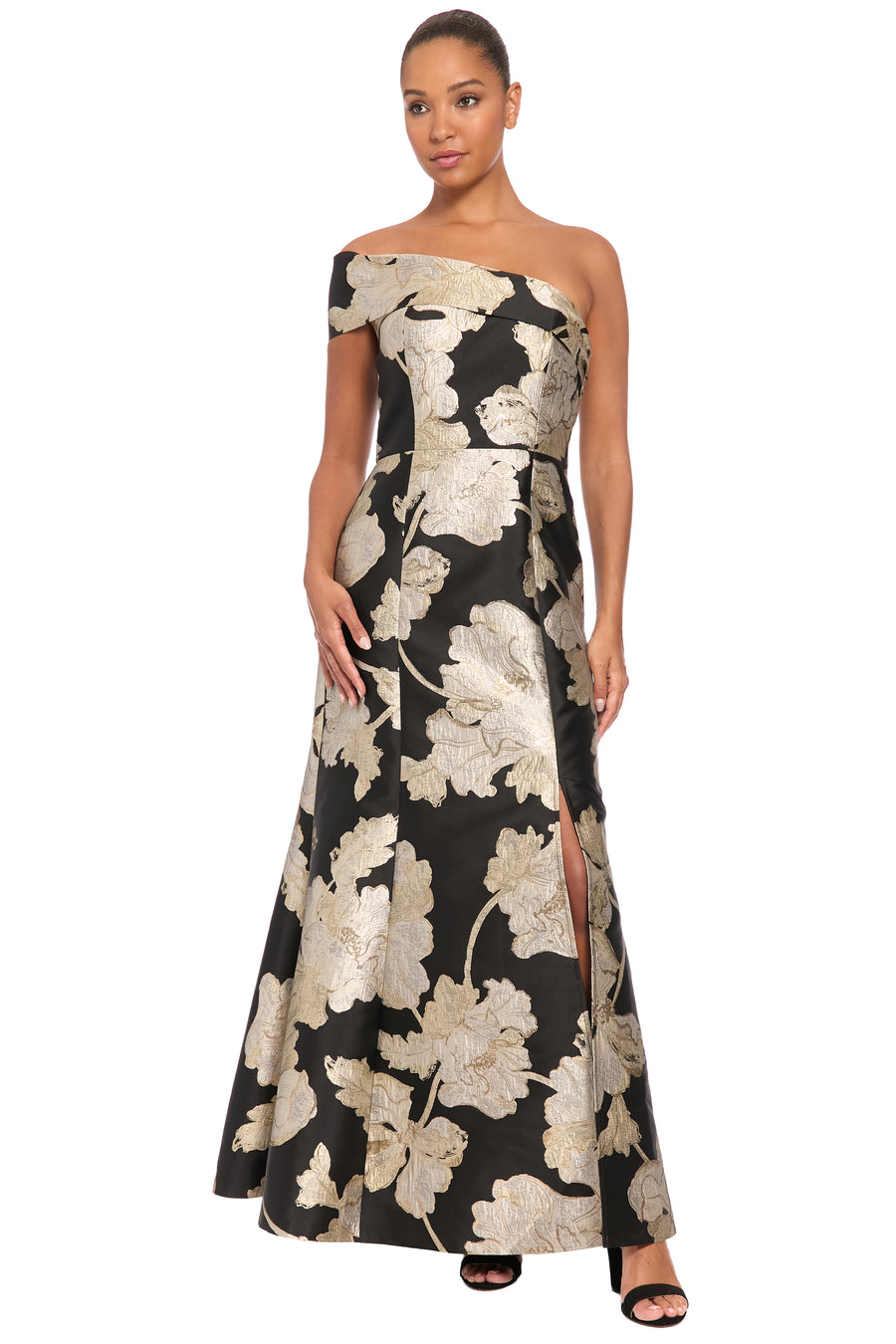 Reya Off the Shoulder Gown in Metallic Floral Jacquard