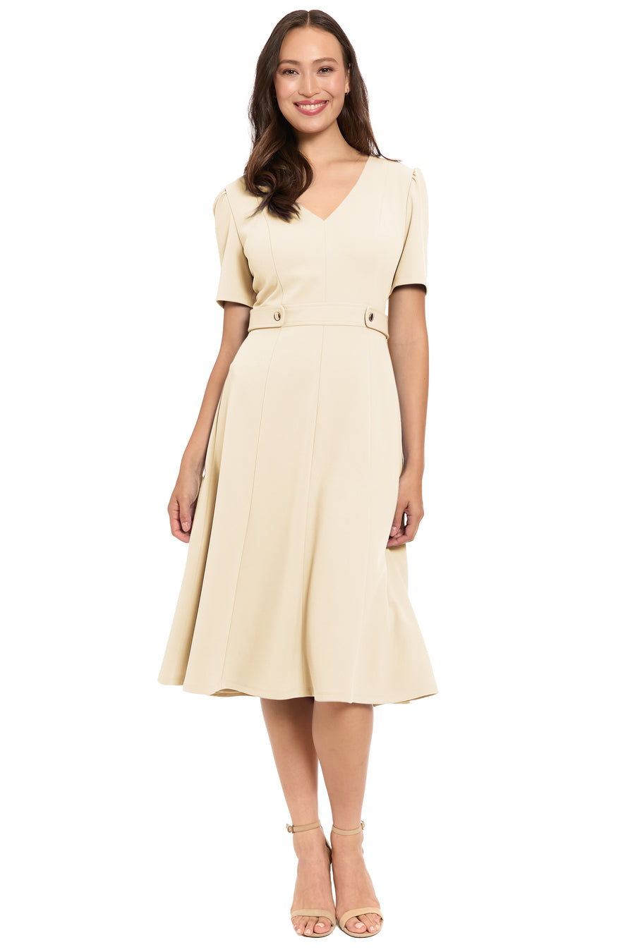 London Times Women's V-Neck Side Tab Midi Dress - Sugar Ivory - Size 6 London Times Women's V-Neck Side Tab Midi Dress - Sugar Ivory - Size 6