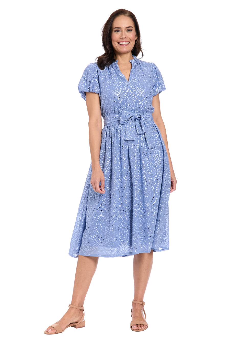 London Times Women's Eyelet Tie Waist Midi Dress - Blue - Casual dresses London Times Women's Eyelet Tie Waist Midi Dress - Blue - Casual dresses