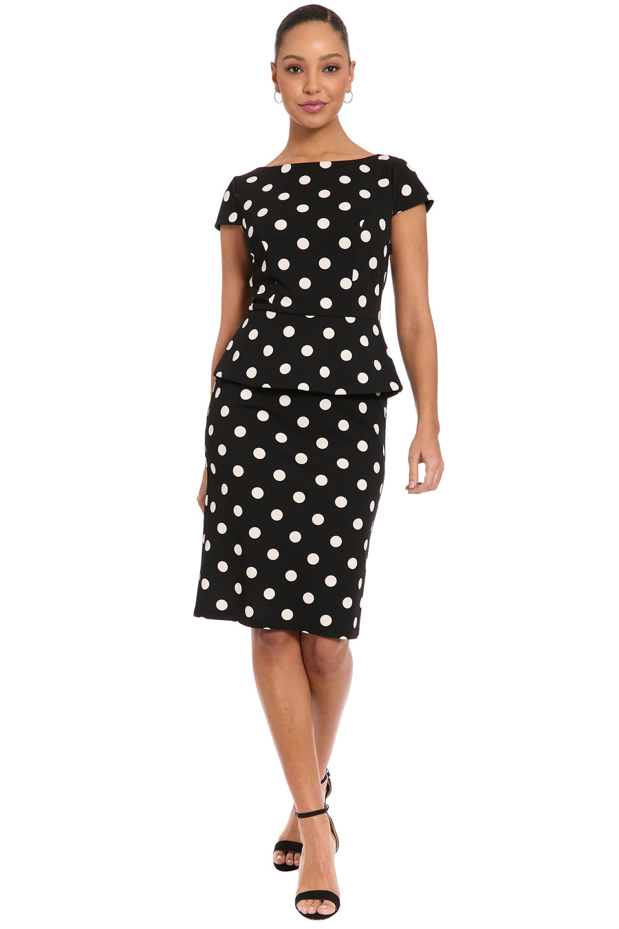 Nadya Cap Sleeve Peplum Sheath in Quarter Dots