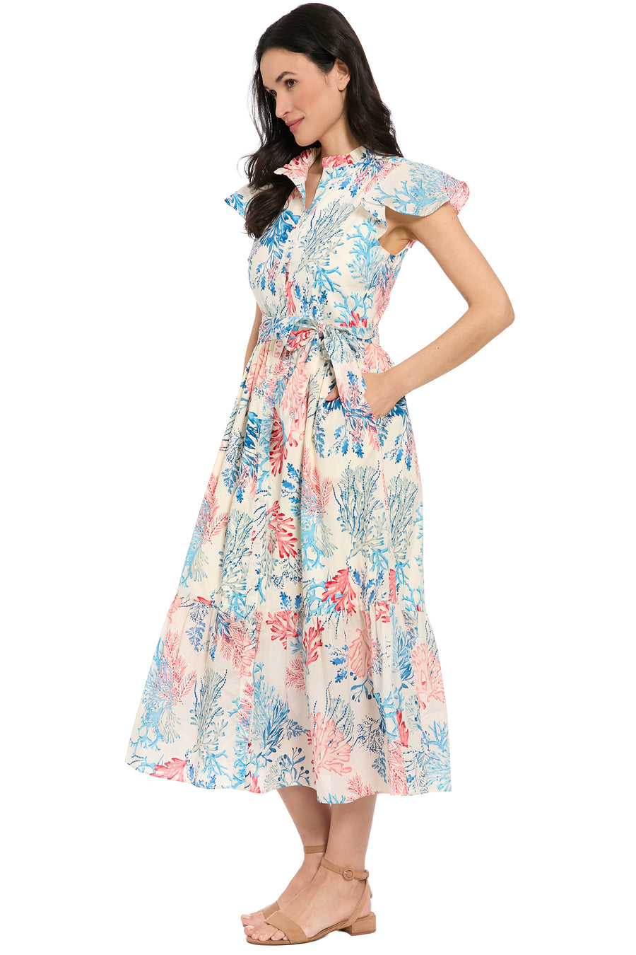 Adelina Flutter Sleeve Belted Tiered Midi Dress