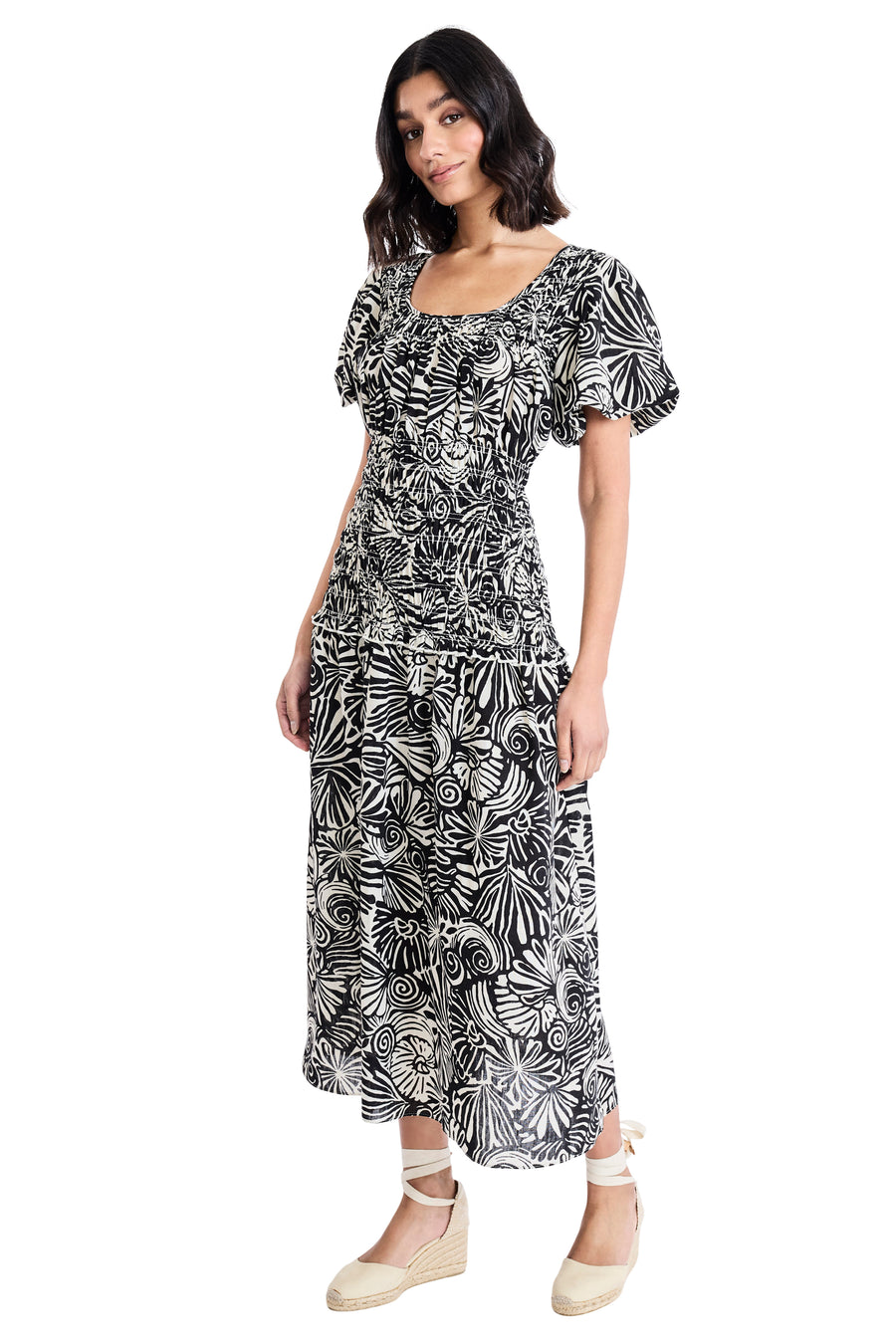 Joseph Smocked Puff Sleeve Midi Dress A-Line | The Good Journey CREAM/BRICK / Standard / xl Joseph Smocked Puff Sleeve Midi Dress A-Line | The Good Journey CREAM/BRICK / Standard / xl