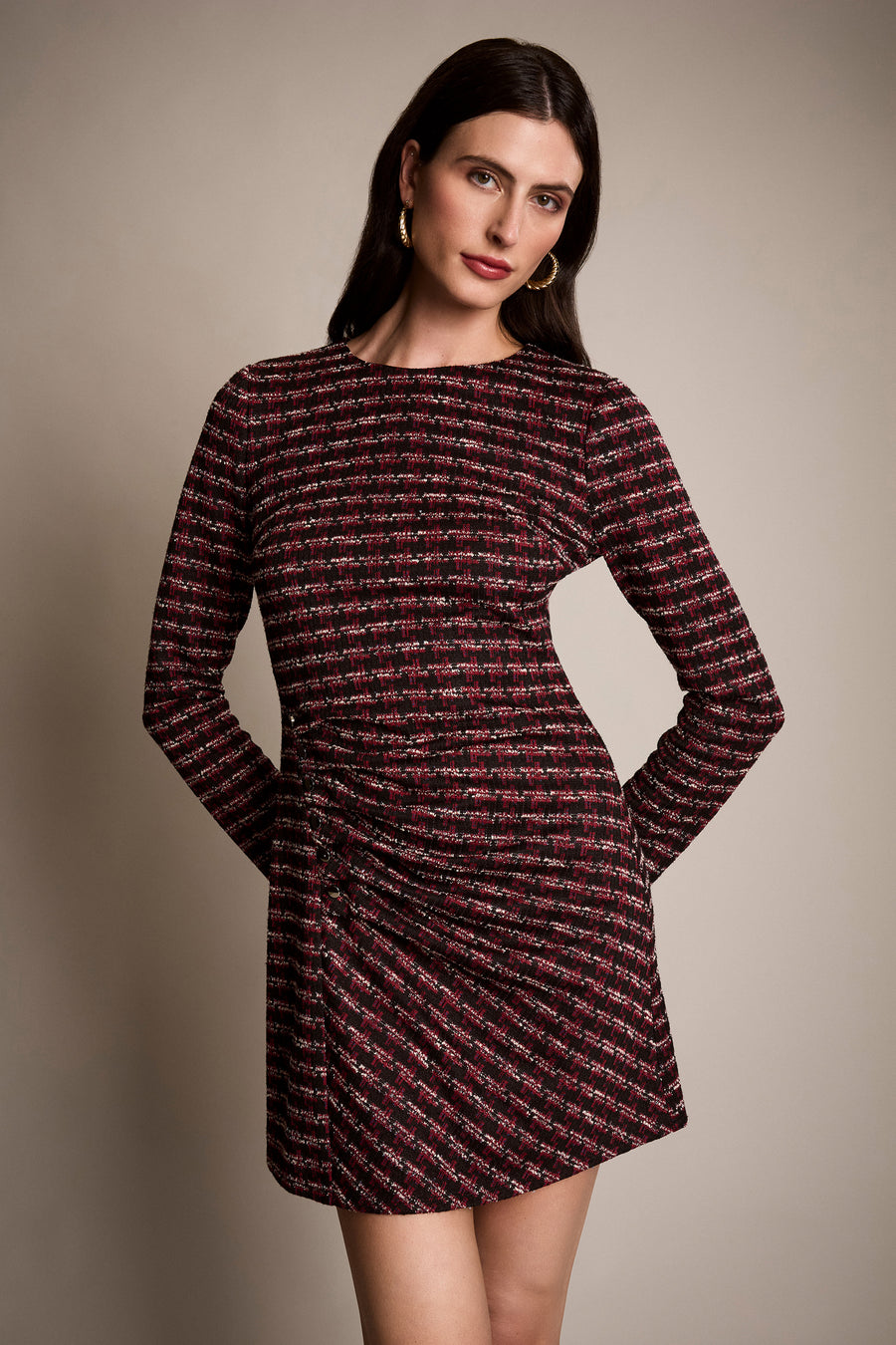 Donna Morgan Women's Tweed Long-Sleeve Mini Dress - Black/Wine - 4 Donna Morgan Women's Tweed Long-Sleeve Mini Dress - Black/Wine - 4