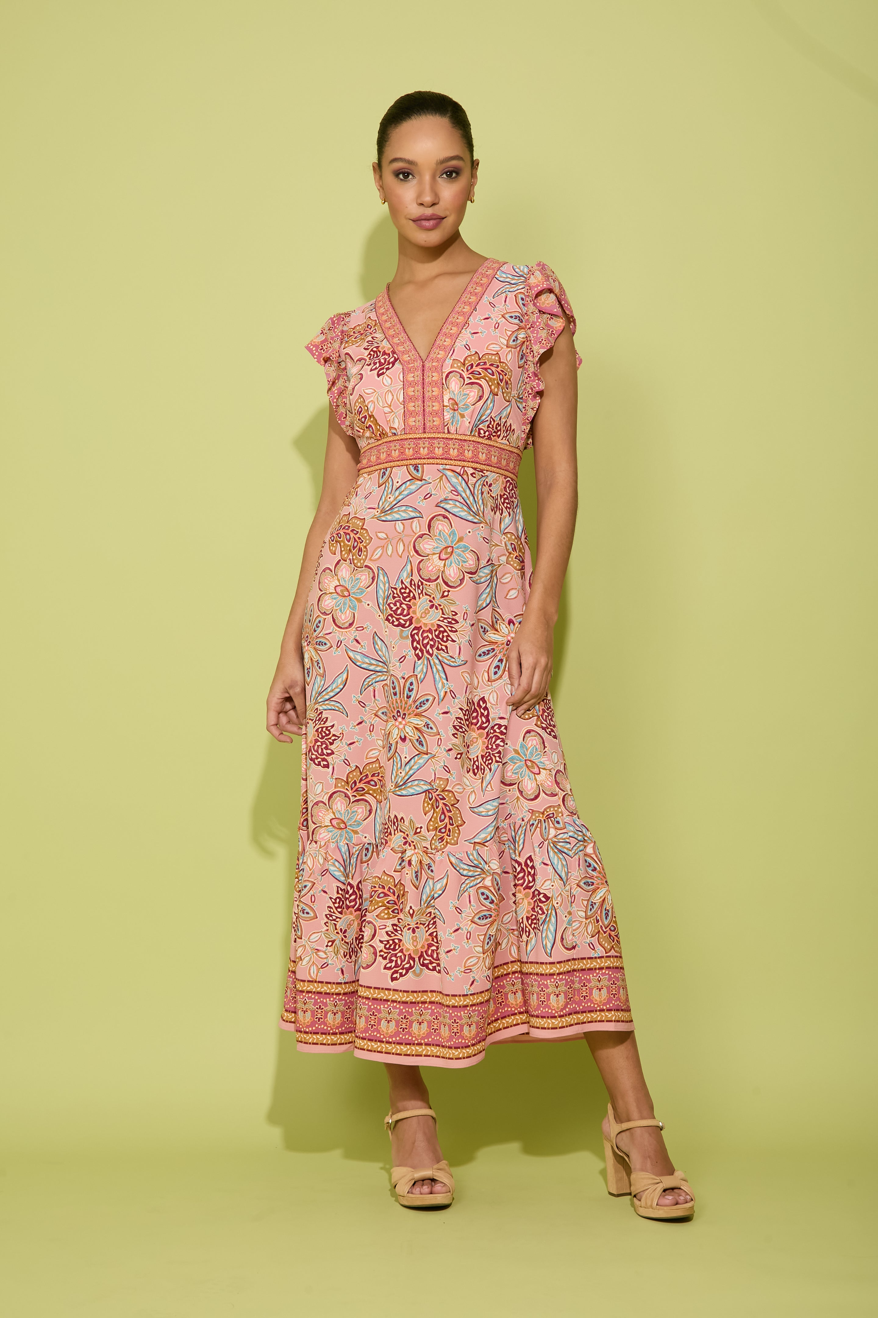 Ezra Floral Print Midi Ruffle Sleeves Dress | Donna Morgan – Maggy