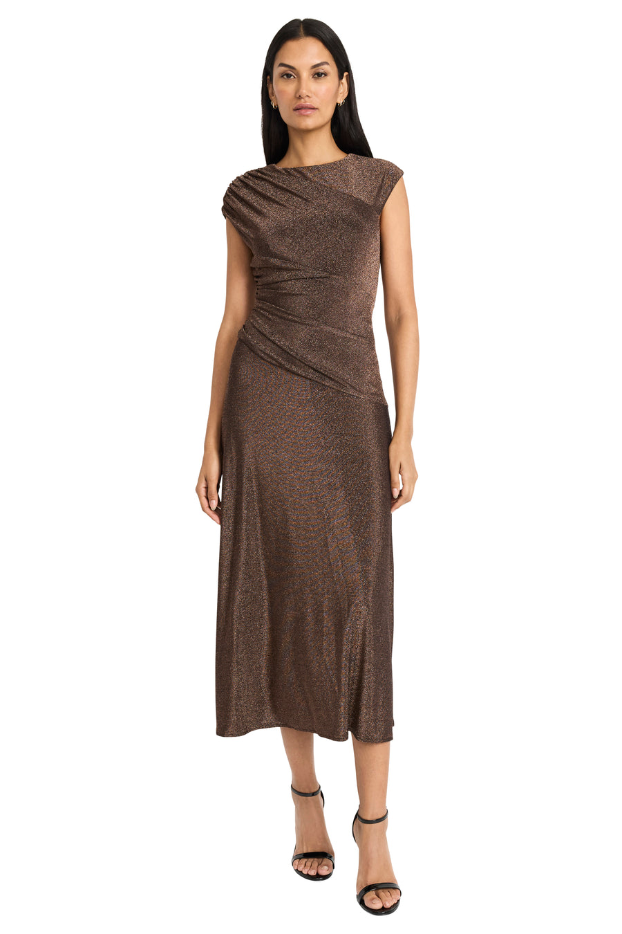 maggy london asymmetrical drape midi dress ASYMMETRICAL SHOULDER MIDI DRESS Maggy London
