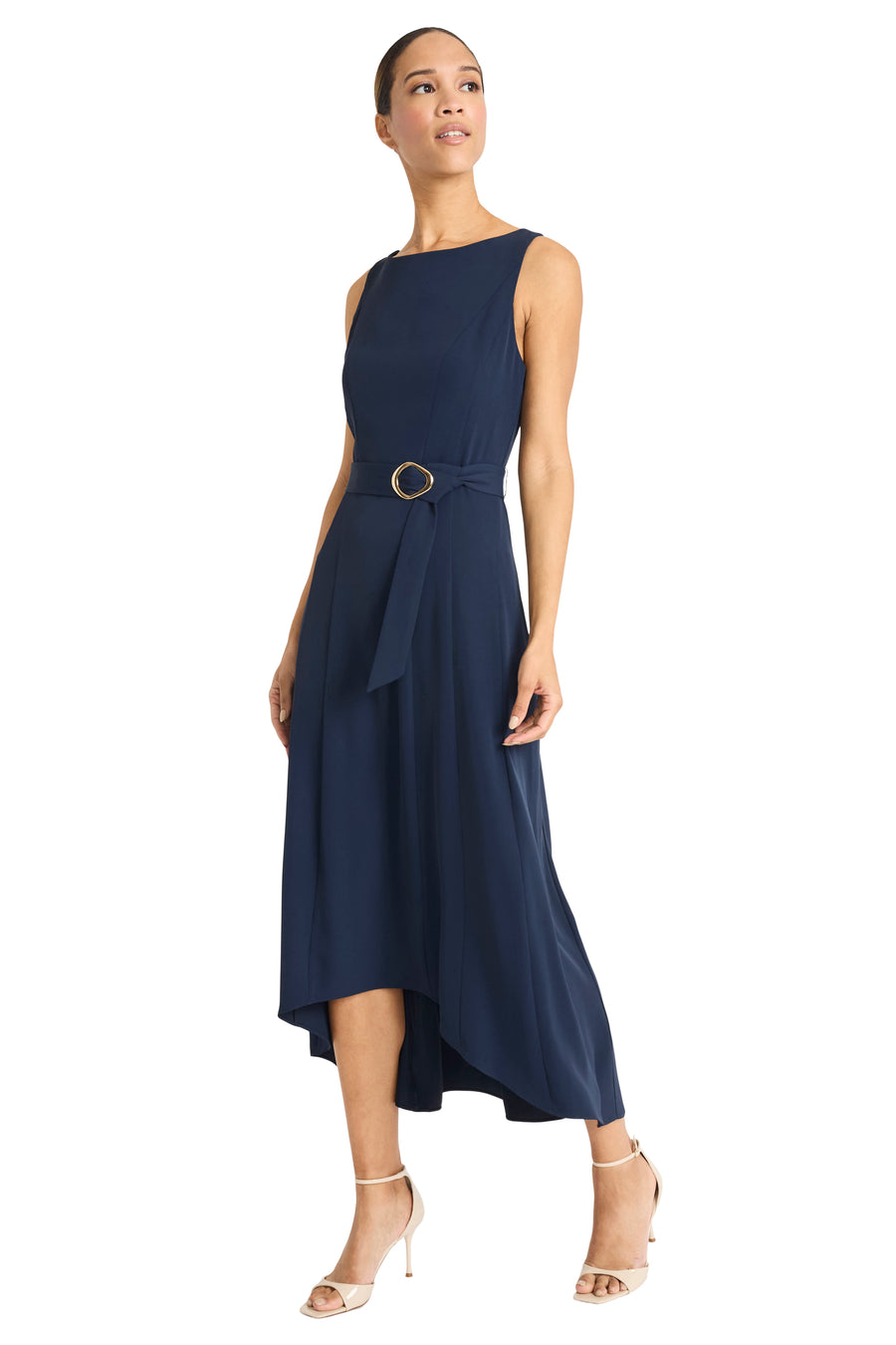 Maggy London Boat Neck Sleeveless Seamed Belted Fluid Crepe High-Low Midi Dress, Womens, 14, NAVY BLAZER Maggy London Boat Neck Sleeveless Seamed Belted Fluid Crepe High-Low Midi Dress, Womens, 14, NAVY BLAZER