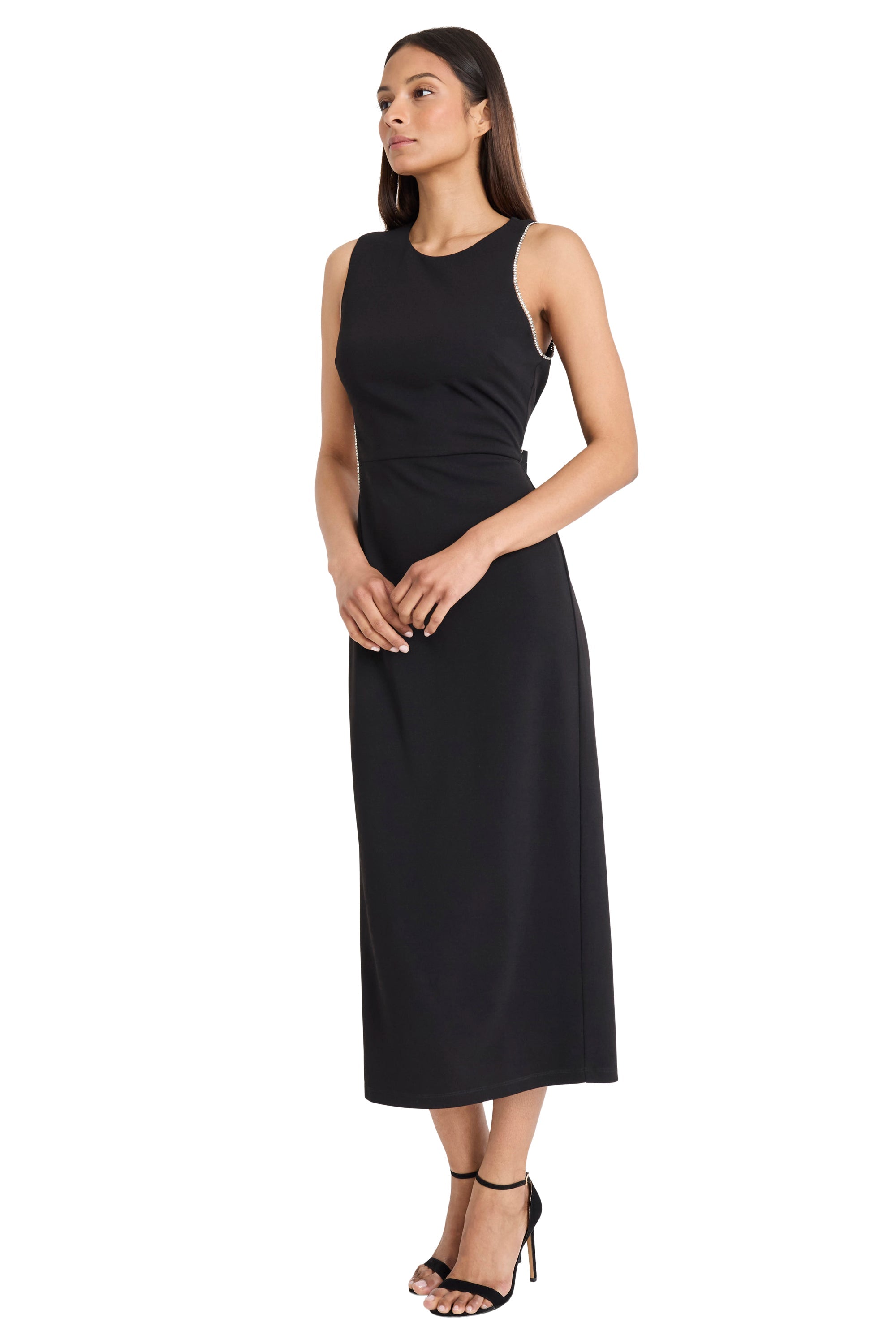 Donna Morgan Scuba Crepe Crew Neck Sleeveless Beaded Cut Out Sheath Dress, Womens, 10, Black