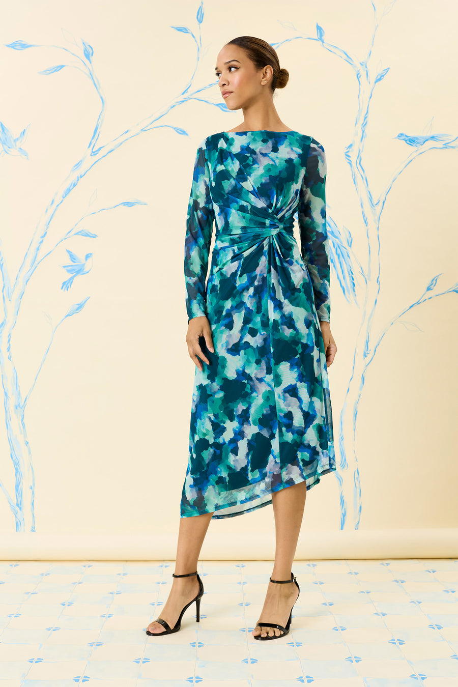 ASYMMETRIC DRAPED BOAT NECK MIDI DRESS Maggy London ASYMMETRIC DRAPED BOAT NECK MIDI DRESS Maggy London