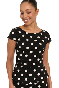 Nadya Cap Sleeve Peplum Sheath in Quarter Dots