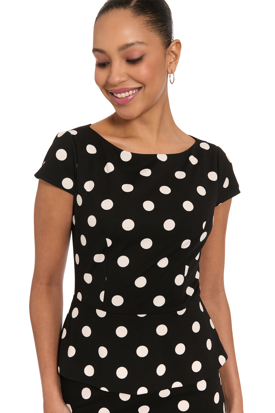 Nadya Cap Sleeve Peplum Sheath in Quarter Dots