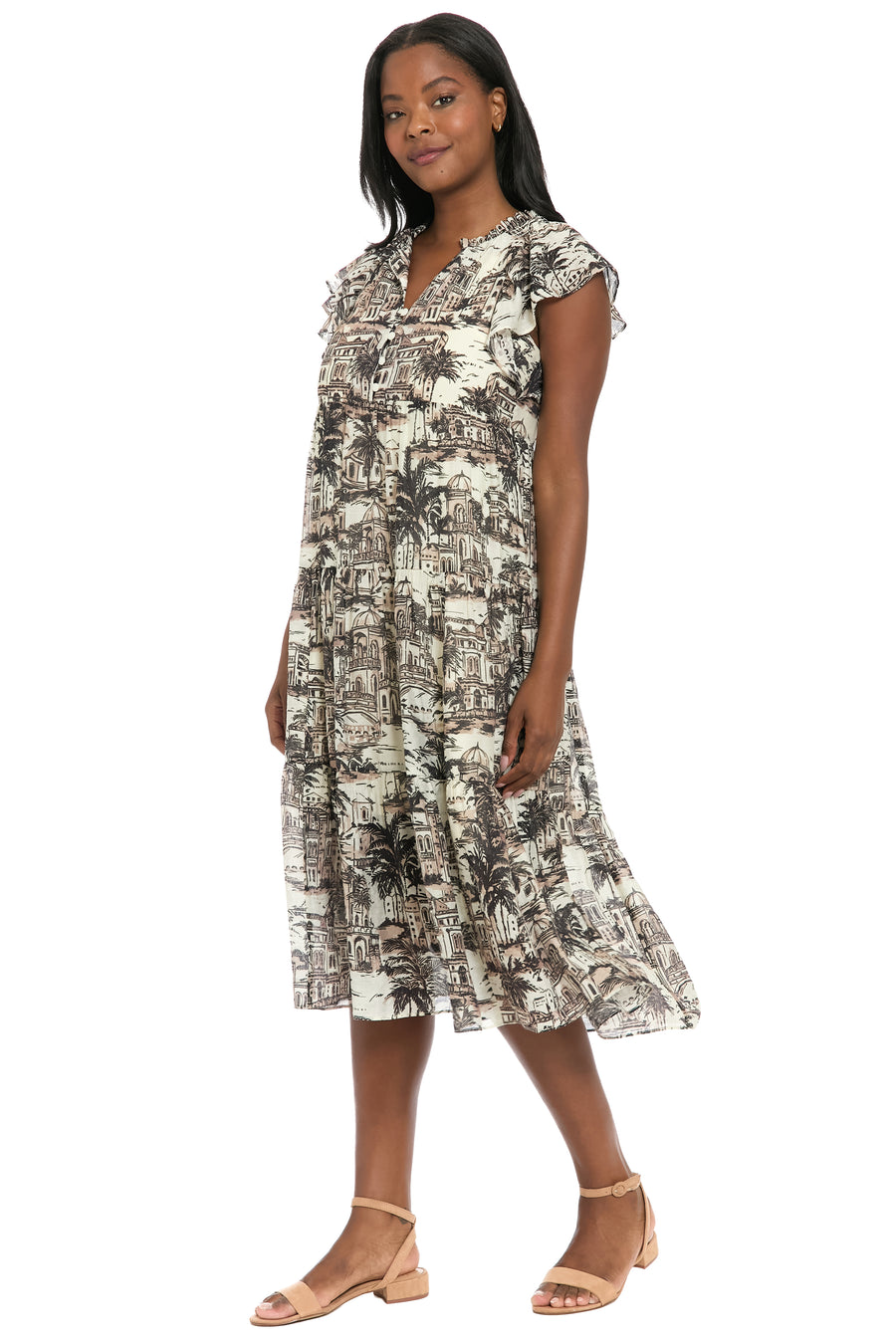 Trini Flutter Sleeve Tiered Midi