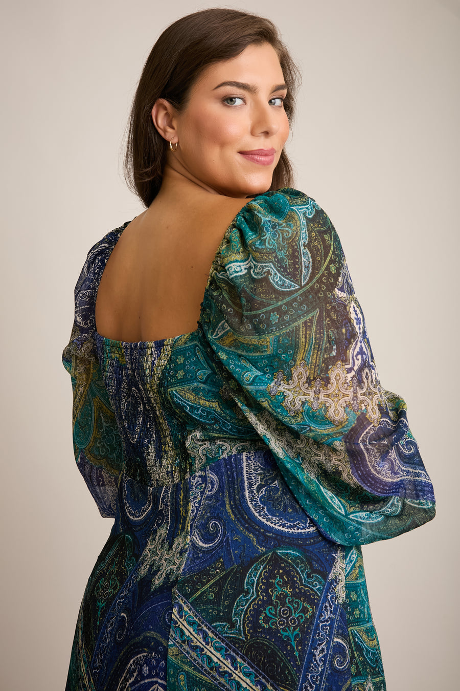 Kristin 3/4 Puff Sleeve Midi in Paisley Chiffon