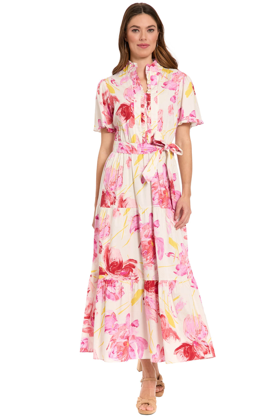 Amilia Flutter Sleeve Belted Tiered Maxi Dress