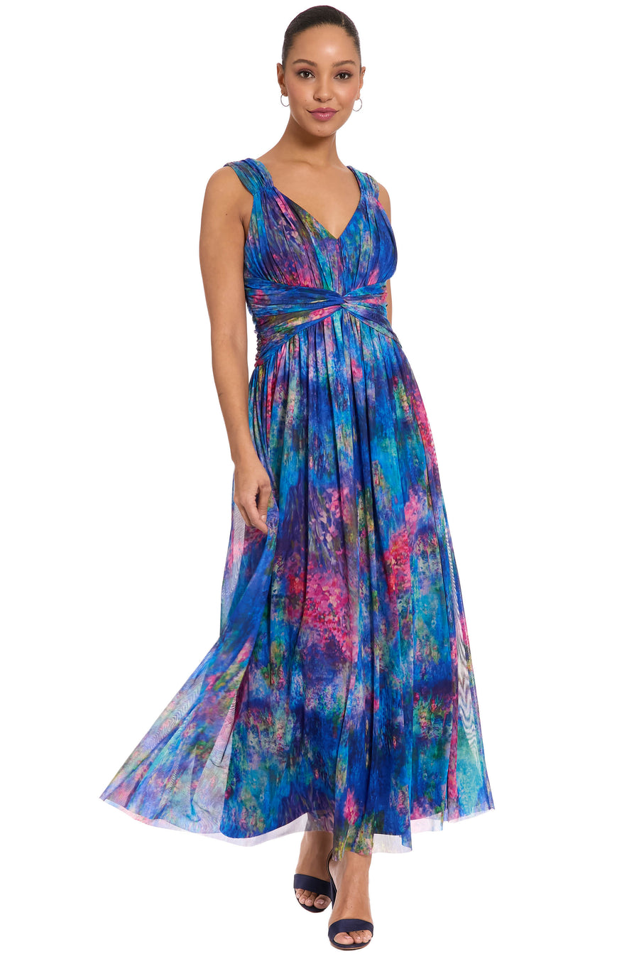 Elodie Twist Front V-Neck Mesh Maxi A-Line Sleeveless | London Times BLUE/LILAC / Standard / 10 Elodie Twist Front V-Neck Mesh Maxi A-Line Sleeveless | London Times BLUE/LILAC / Standard / 10