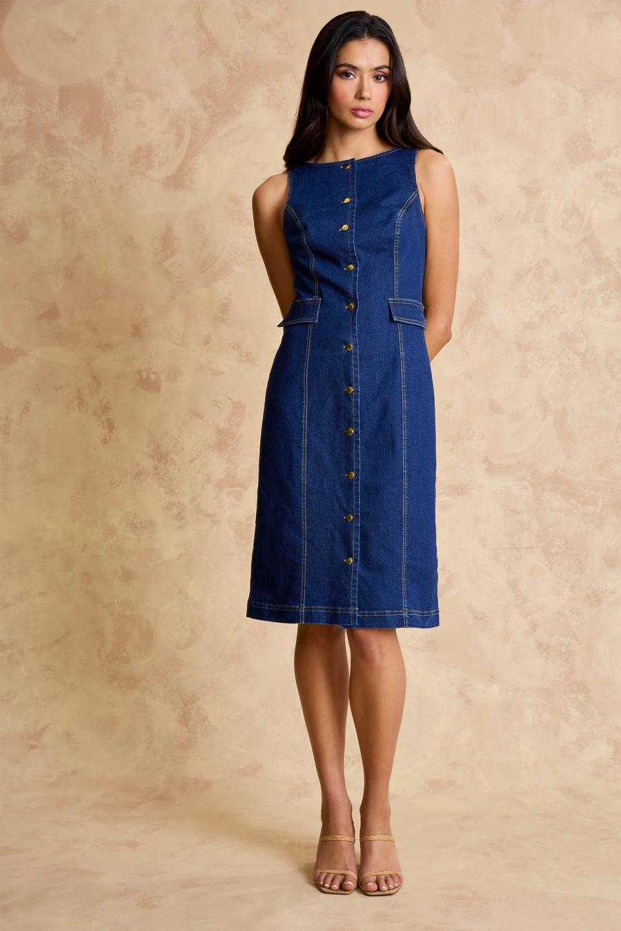 Natalie Stretch Denim Shirt Dress Sheath Sleeveless | Maggy London Natalie Stretch Denim Shirt Dress Sheath Sleeveless | Maggy London