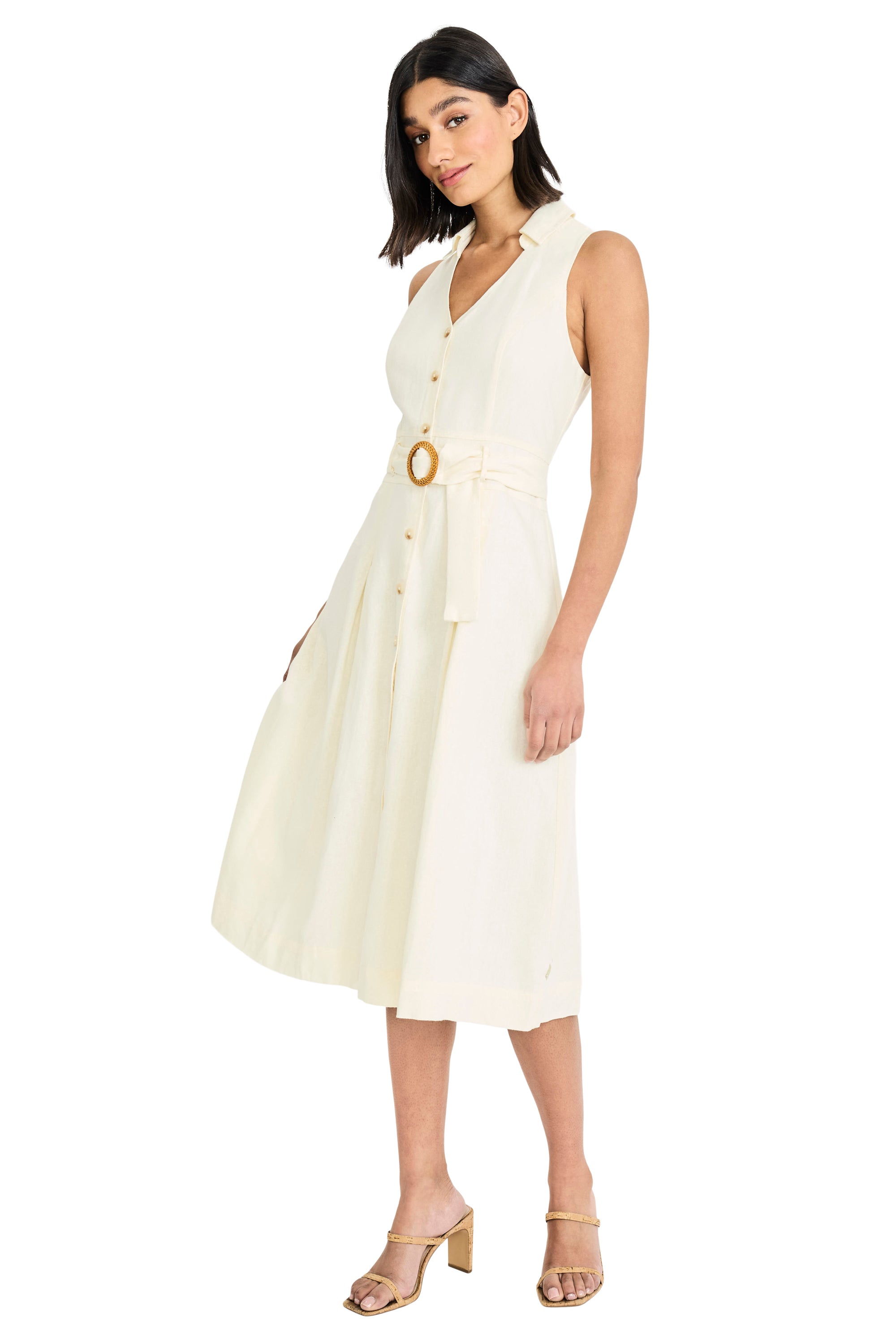 Devin Linen Collared V-Neck Midi A-Line Sleeveless | Maggy London
