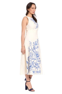Debbie Sleeveless Graphic Print Linen Midi Dress