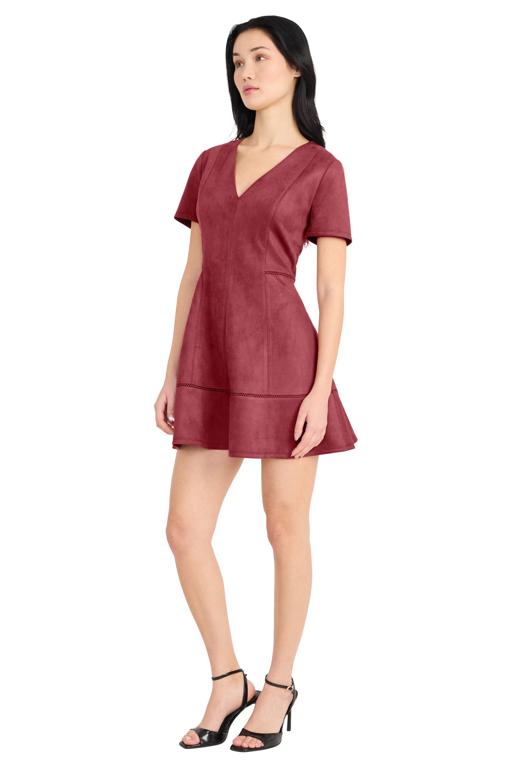 fig ruffle mini dress red Donna Morgan Savy Suede V-Neck Short Sleeve Mini Dress, Womens, 14, Port