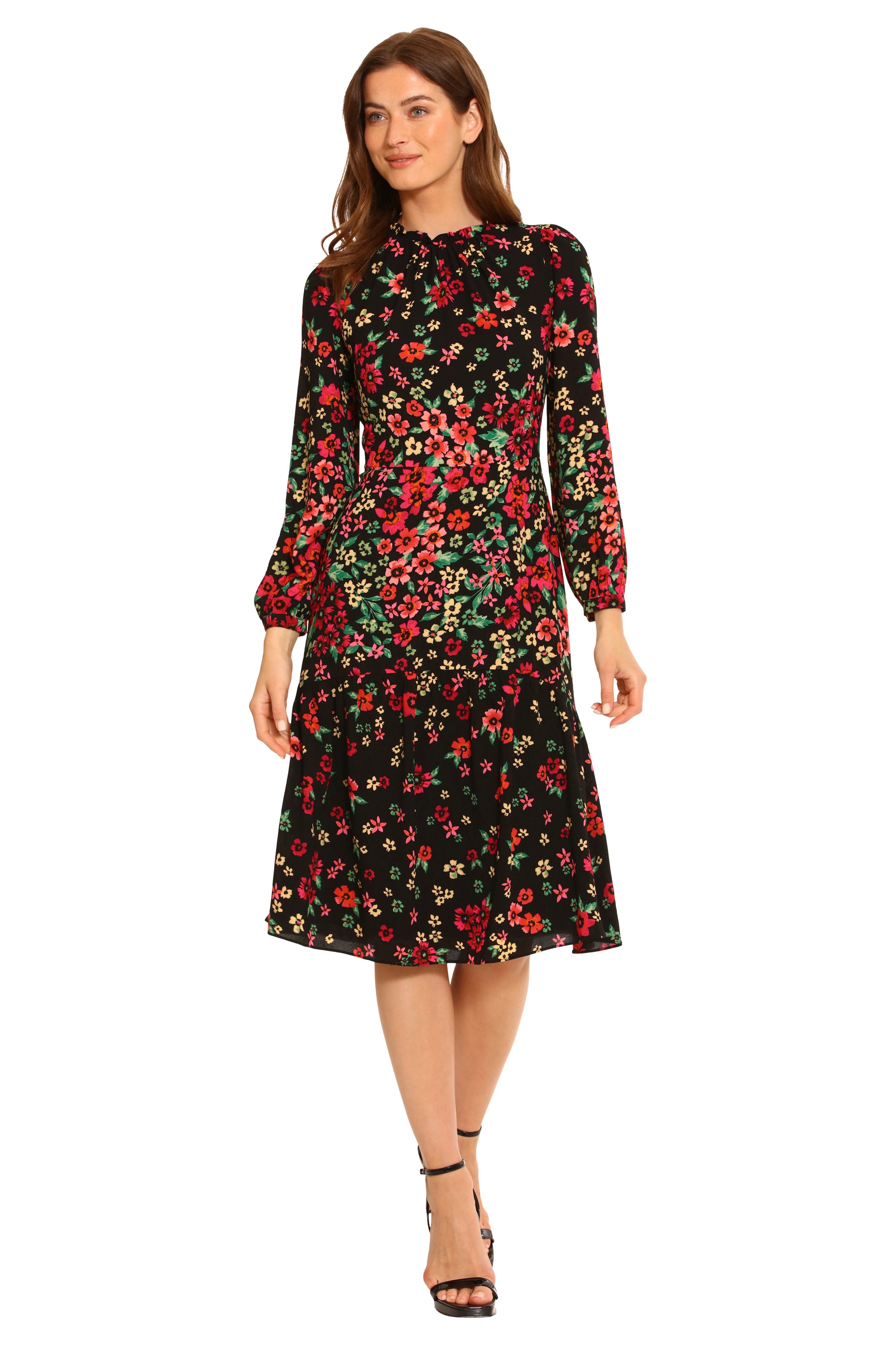 Maggy London Women's Floral Ruffle-Neck TEA Dress - BLACK/WINE